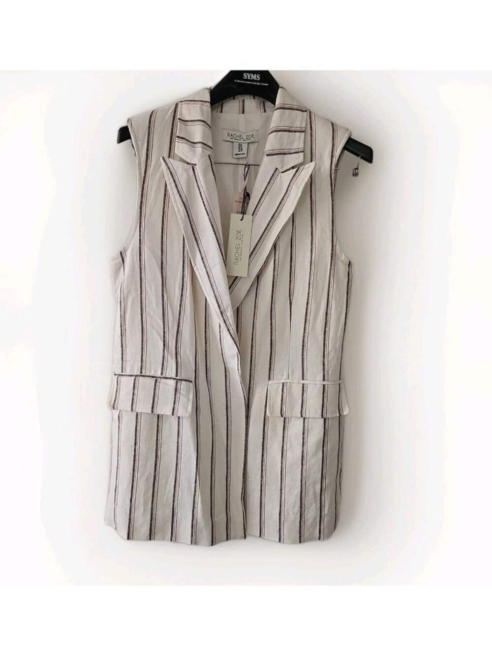 Rachael Zoe Womens Off White Linen Open Front Stripe Vest Jacket Size 8 NWT
